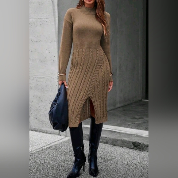 New Cable Knit Wrap Skirt Midi Dress Bodycon Tan Khaki Brown - Picture 2 of 10
